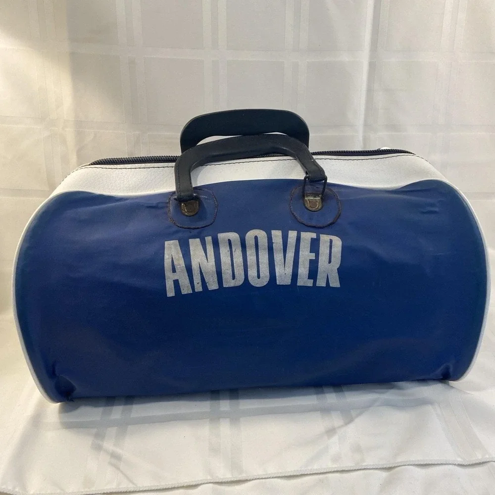 Phillips Andover Vintage Leather Gym Duffel Blue And White With Working Zipper
